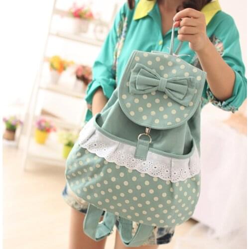 Cute Korean Fashion Women Canvas Backpack Polka Dot Lace Schoolbag Student Bagpack Teens College Bag Pink Blue