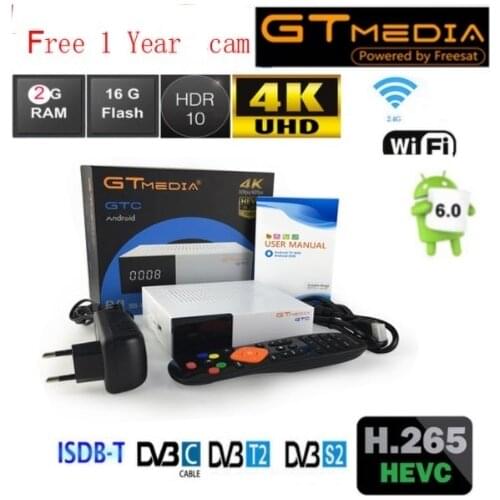 GTmedia GTC 4k satellite receiver optional cam g10 voice air mouse Android 6.0 TV BOX DVB-S2&C&T2&ISDBT Amlogic S905D 2G 16G