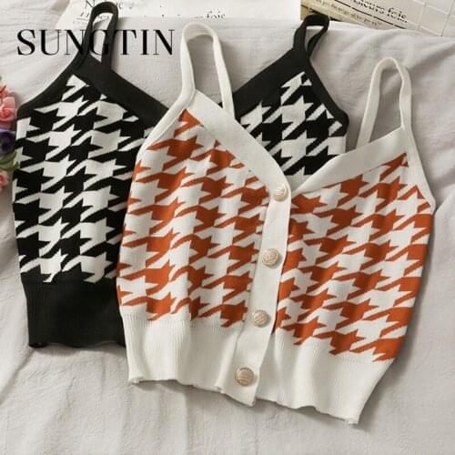 Sungtin Cropped Houndstooth Tanks Tops Women Sexy Single Breasted Knitted V Neck Camis Female Slim Korean Chic Tank Tops 2021