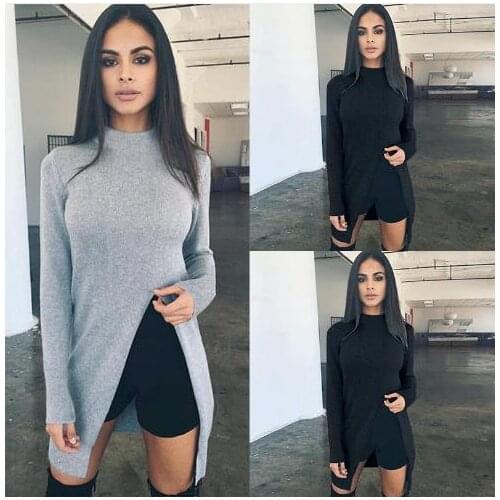 Sexy Sweater Women Long Sleeve Top Knitted Sweaters Turtleneck Casual High Split Pullovers Knitwear Solid Clothing LJ194