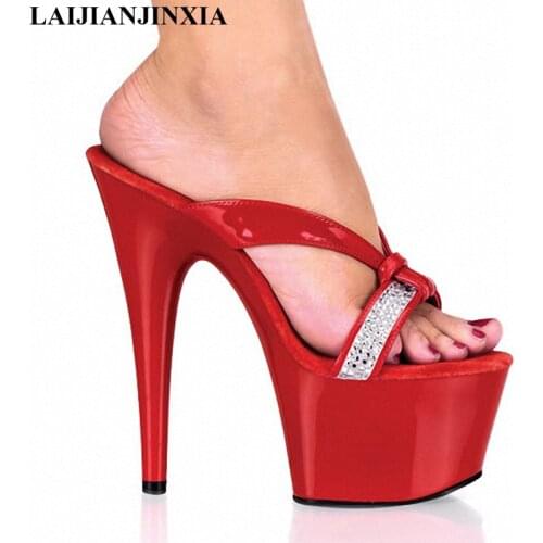 LAIJIANJINXIA 17cm Platform Slippers With Rhinestone Straps 7 Inch Fashion Party Stripper Shoes Avril Lavigne Like Sexy Shoes
