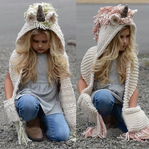 Citgeett Unicorn Hooded Scarf Fox Animal Hoodie Cowl Crochet Knitted Beanie Hat Kids Cute Fashion Hood