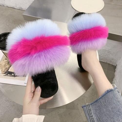 Colorful Sexy Brand Women Winter Slippers Basic Flower Female Flat Winter Slippers Basic Fox Fur Women Slippers