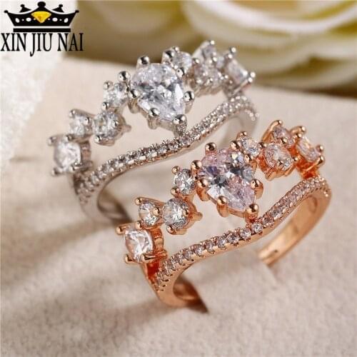 Wishing Exquisite Round White Crystal Wedding Ring Engagement Ring Womens Luxury Ring Vintage Diamond Openwork Rose Gold Flower