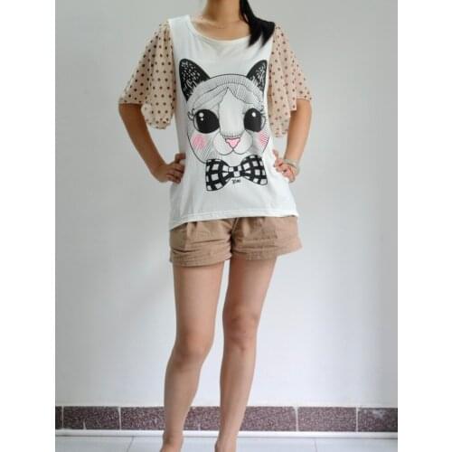 New summer women lovely cat printing splice Dot Chiffon sleeve O-neck comfortable cotton women T-shirt