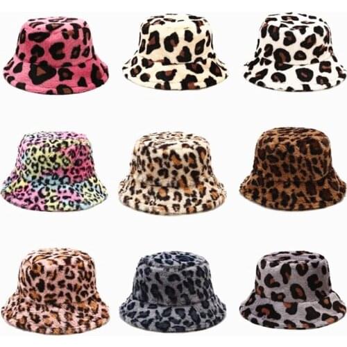 Newest women leopard print faux fur bucket hat Thick warm Fisherman cap Panama gorros