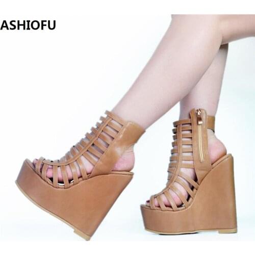 ASHIOFU New Handmade Womens Wadge Heel Sandals Cut-out Night-club Party Prom Shoes Fashion Evening Sandals Shoes