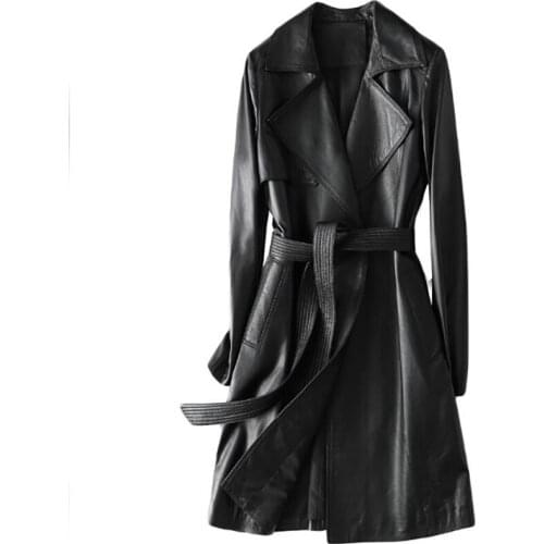 Womens Long Gnuine Leather Jacket 100% Real Sheepskin Long Windbreaker Coat With Belt, Suit Collar Black, Suitable For Spring