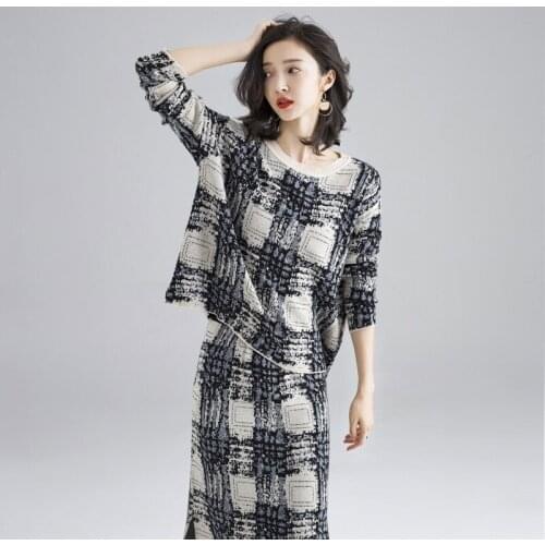 Spring Autumn New Design Women Fashion Plaid Long Sleeve Office Suits Elegant Female Dress Two Piece Sets