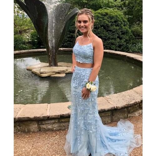 Two Pieces Sky Blue Long Mermaid Lace Prom Dresses Sexy Strappy Back Halter Robe De Soiree Floor Length Tulle Formal Party Gown
