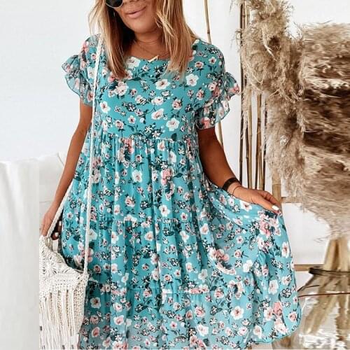 Womens Fashion Sexy Beach Style Dress Round Neck Flower Print Dress Womens Dress 2021 Womens High Waist Dress Free Shipping