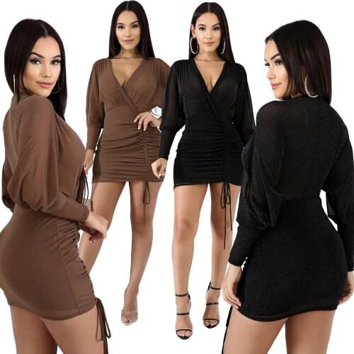 FNOCE 2020 autumn womens dresses Sexy Nightclub fashion solid V-neck long sleeve slim tight bag hip sexy Perspective mini Dress