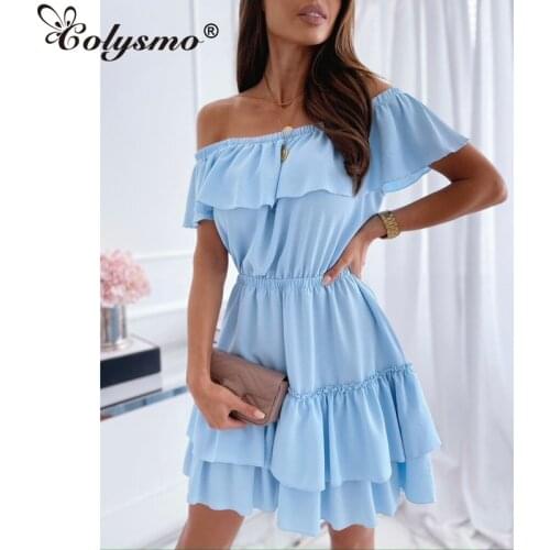 Colysmo Off Shoulder White Dress Ruffle Strapless High Waist ALine Mini Casual Dress Chic robe femme Summer Dress for Women 2021