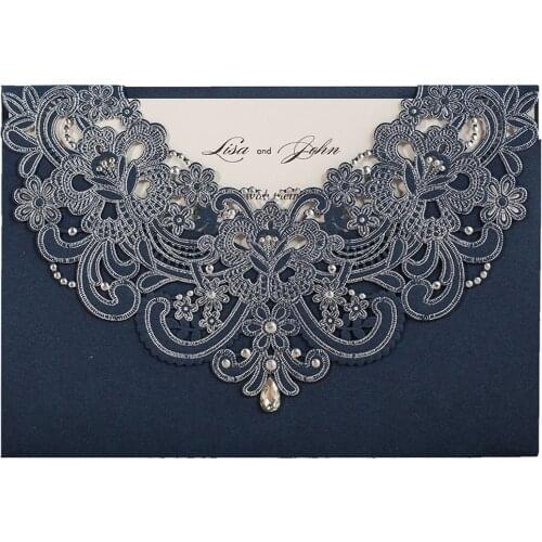 50Pcs Navy Blue Laser Cut Wedding Invitations, Rhinestone Design Personalized Invites for Dinner Graduation Party with Envelopes