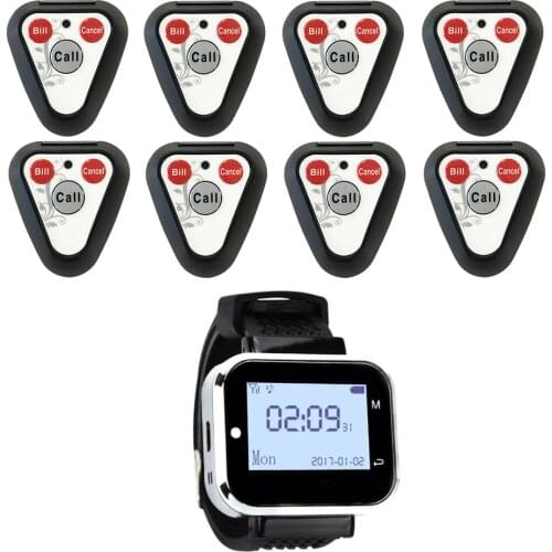 JINGLE BELLS hotel factory wireless calling system 8 calling buttons+ 1 watch pager for restaurant equipment wireless call bells