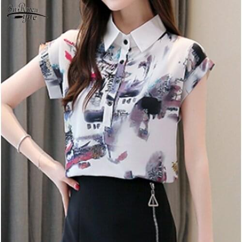 Short Sleeve Ladies Top Printed Turn-down Collar Tops and Blosue Summer New Fashion Chiffon Blouse Blusas Mujer De Moda 4770 50