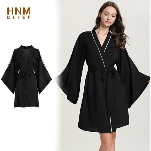 HNMCHIEF black and white silk Leisure home nightdress Comfortable and soft V-neck pajamas Simple atmosphere sexy bathrobe