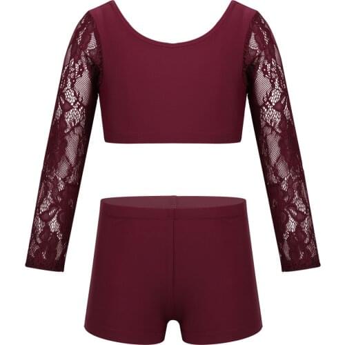 Kid Girls Dance Sets Ballet Dancewear Outfit Lace Long Sleeves Crop Tops with Briefs Set for Gymnastic Dancing Stage Performance