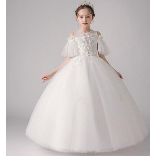 Flower Girl Dress Illusion O-Neck Pearls Embroidery Princess Floor-Length Tulle Lace Off The Shoulder Pleat Kids Party Gown H238