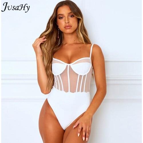 Jusahy Elegant Skinny Slim Lace bodysuits Women 2021 Fashion Sexy Sling See Through Rompers Club Party Black Bodysuit