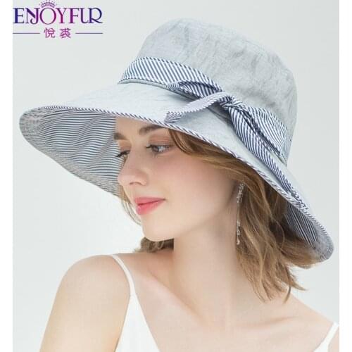 ENJOYFUR Cotton Summer Sun Hats For Women Fashion Wide Brim Bowknot Ribbon Beach Cap Foldable Female Casual Travel Visor Hat New