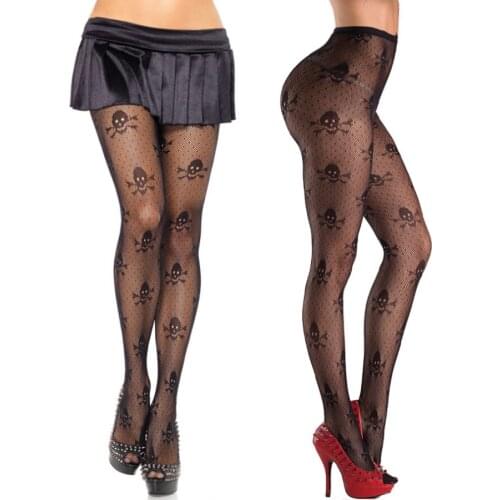 1 pc Sexy Stay Up Thigh High Tights Fishnet Mesh Skull Print Punk Stretch Pantyhose For Women Accessories