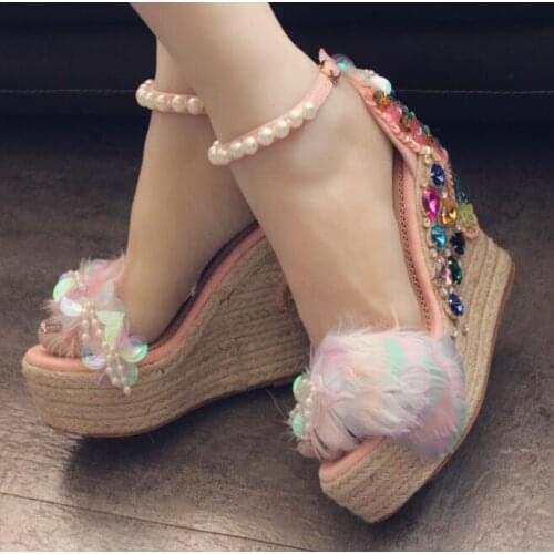 Carpaton Summer Newest Rope Braided Platform Wedge Sandals Sexy Peep Toe Rhinestones Ankle Strap Dress Heels Feather Sandal