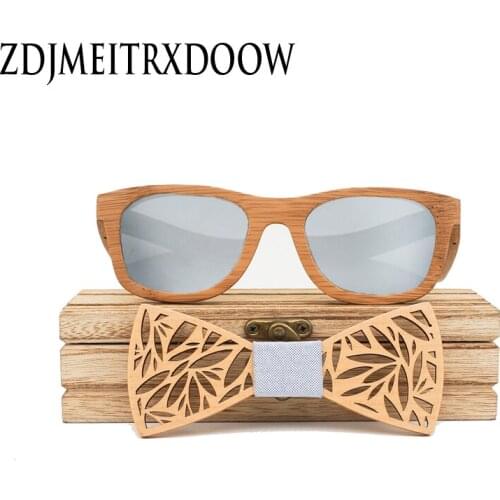 Natural Wooden Bow tie Men Polarized Fashion Sun Glasses Set Original Wood Oculos de sol masculino Corbatas Para Hombre