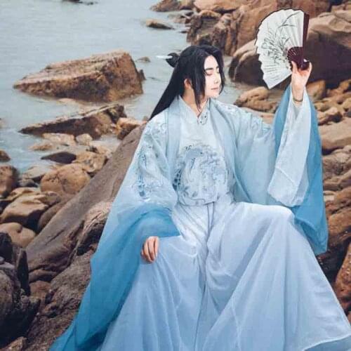 Large Size 4XL Hanfu Men Chinese Traditional Embroidery Hanfu Male Cosplay Costume Fancy Dress Blue Gradient Hanfu For Men 4XL