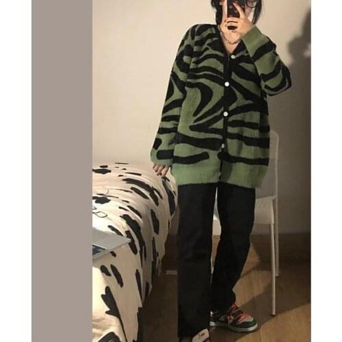 2021 New Women Cardigan Zebra Pattern V-Neck Loose All-Match Single Breasted Knitted Sweater Korean Style Ulzzang Autumn Outwear