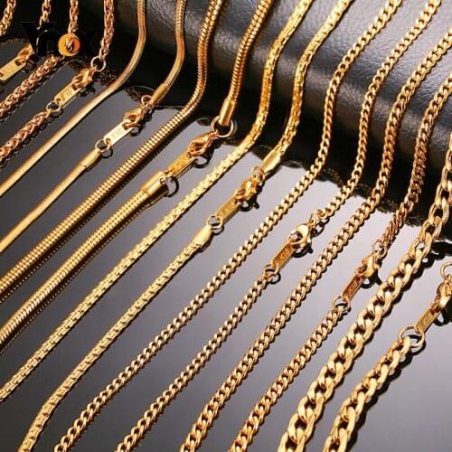 New Minimalist Snake Wheat Figaro Rope Cuban Link Chain Necklace for Men Women Stainless Steel Metal Gold Color Filled Chokers