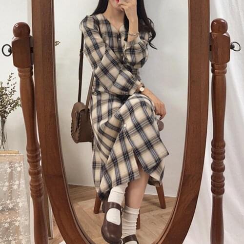 Cute Sweet fashion plaid dress Women Girls autumn style Buttons Waist Tied Dress V Neck long sleeve casual dress for School