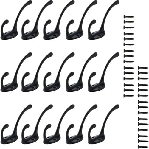 SHGO HOT-15 Pack Dual Coat Hooks Wall Mounted with 30 Screws,Heavy Duty Hooks for Hanging Coat,Scarf,Bag,Towel,Key,Hat(Black)