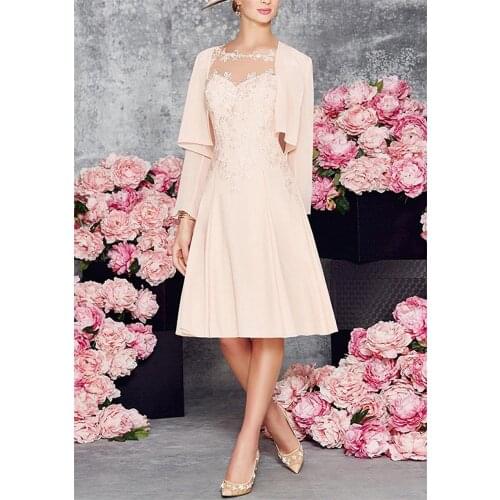 Pink 2 Pieces Mother of the Bride Dress With Jacket Knee Length Chiffon Lace Groom Mother Dress for Wedding Elegant Evening Gown