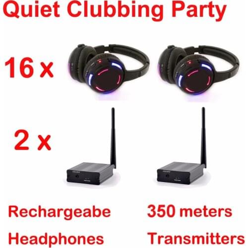 Silent Disco compete system black led wireless headphones - Quiet Clubbing Party Bundle (16 Headphones + 2 Transmitters)