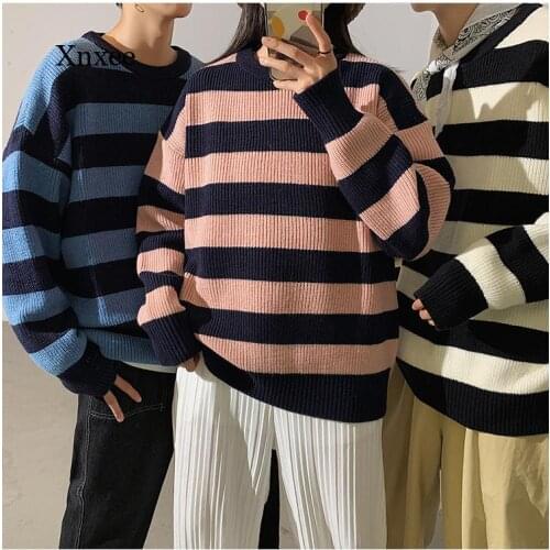 Stripes print Men Sweaters Autumn Korean Style Mens Pullovers Harajuku Streetwear Male women Clothing Couple Sweater tops