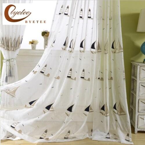 [byetee] Blue Children Sailing Embroidery Tulle Curtain Window Screen Finished Products Customized Boys Bedroom Embroidery Yarn