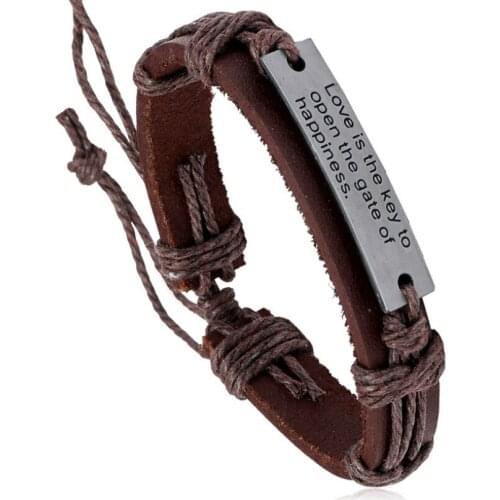 Vintage Fashion Genuine Leather Bracelet Letters Love is the key Charm Handmade Rope Wrap Bangle Wristbands Casual Retro Jewelry