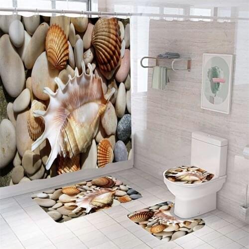 Cobblestone Shell Shower Curtain 3D Print Summer Beach Scenery Bathtub Screen Toilet Lid Cover Flannel Bath Mat Set Carpet Home