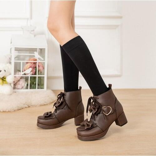 Square Heel Womens Ankle Boots Platform Heel Sweet Lolita Girl Leather 5cm Heels Shoes for Party Nightclub Model Front Zip