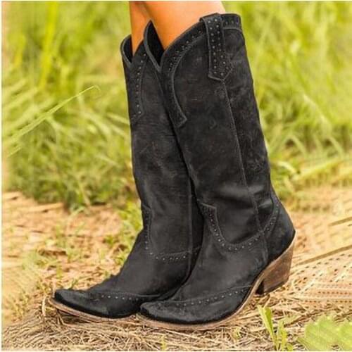Retro Women Knee High Boots Leather Cowboy Cowgirl Boots Pointed Toe Slip-On Western Girls Motorcycle Shoes Woman Ladies