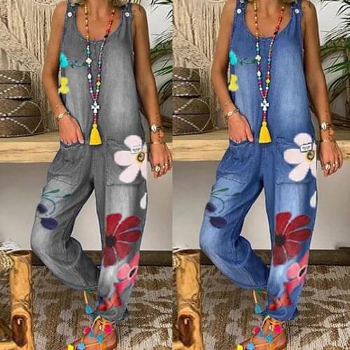 Floral Print Women Denim Jumpsuits Women Basic Overalls for Women Loose BF Chic High Street Wide Leg Denim Pants Jeans Overalls