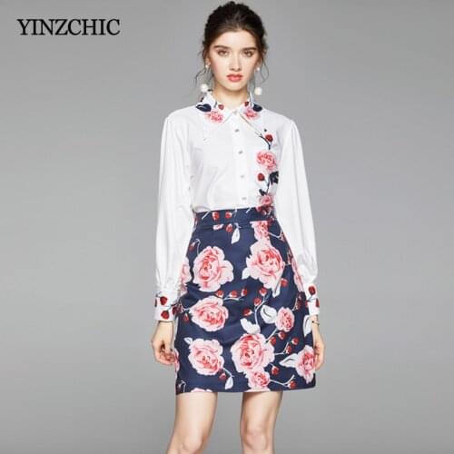 Autumn New Woman Print Suit White Blouse + A-line Floral Skirt Suit for Office Lady Female Causal 2pcs Suit Set Rose Shirt Skirt