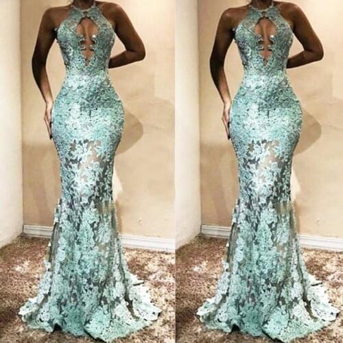 Sexy Halter Women Dress Custom Made Gorgeous Lace Appliques Mermaid Evening Gowns Long Formal Party Dresses Real Photo Refer