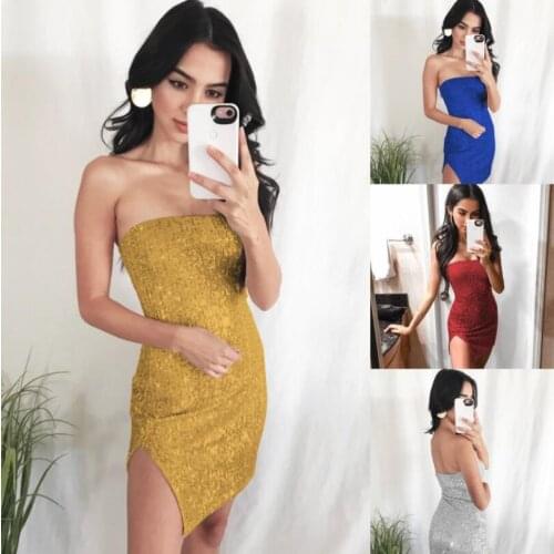 New womens dress tube top open back split sequins word collar slim bag hip dress female sense mini pencil plus size party Sexy