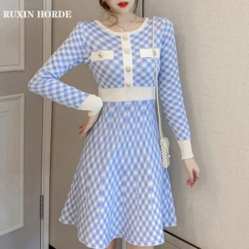 Elegant Temperament Round Neck Button Knit Long Sleeve 2020 Autumn Ladies New Fashion Solid Color Plaid Beautiful A-Line Dress