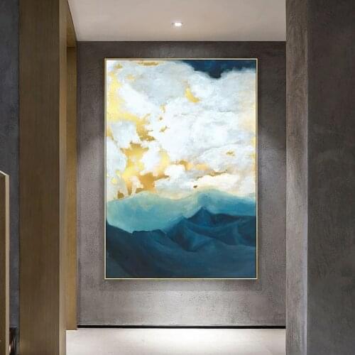 100% Hand Painted Gold Blue Sky Oil Paintings Wall Art Canvas Abstract Artwork Carving Art For Hotel Living Room Decor No Frame