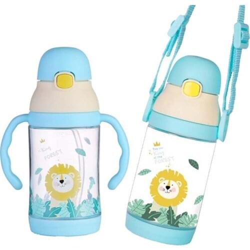2 Use Cartoon Baby Bottles with Handle & Sling BPA Free Anti-colic Baby Milk Bottle with Straw for School Kids Infants