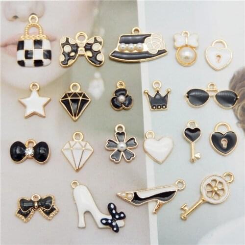 20pcs/pack Mix Black Wjite Charms Bow Heart Bag key crown star sunglass hat flower highheel shoes alloy pendant diy Earrings TOP