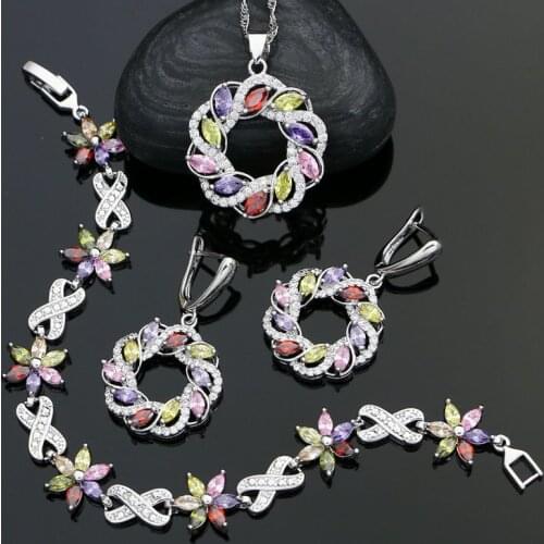 925 Silver Bridal Jewelry Sets For Women Multicolor Cubic Zirconia White Crystal Earrings/Bracelet/Necklace/Pendant Set